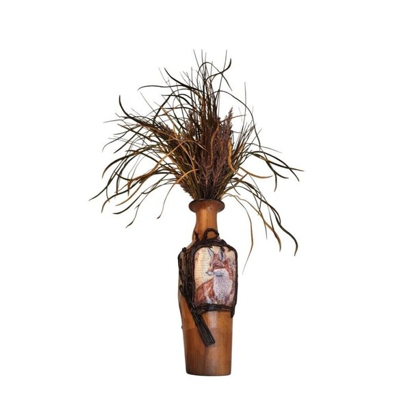 Wooden Fence Post Vase With Fox Design & Faux Grass Grain Arrangement 28" tall W - Picture 15 of 15